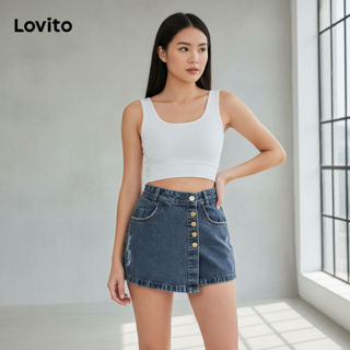 Lovito Shorts Jeans Feminino Casual Lavado Assimétrico com Spikes LBL05230 (Azul) em Oferta na Shopee