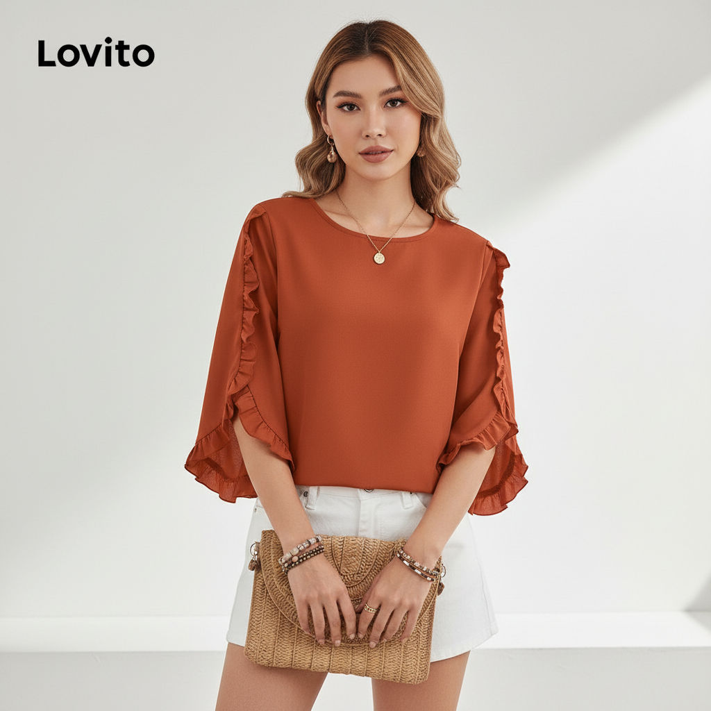 Lovito Blusa Feminina Casual Lisa com Borda de Alface LBL17078