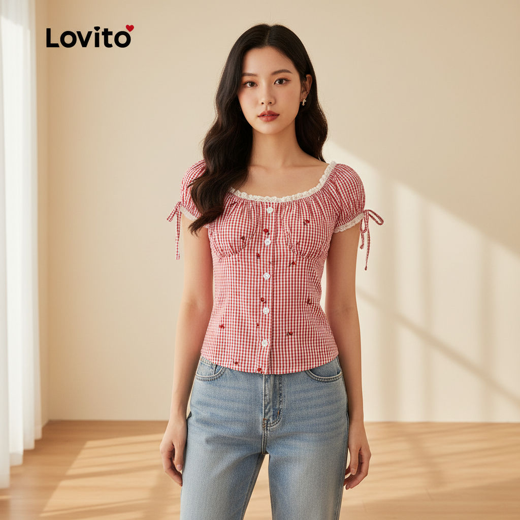 Lovito Blusa Vermelha Feminina De Renda Com Laço Primavera Verão L144AD157 em Oferta na Shopee