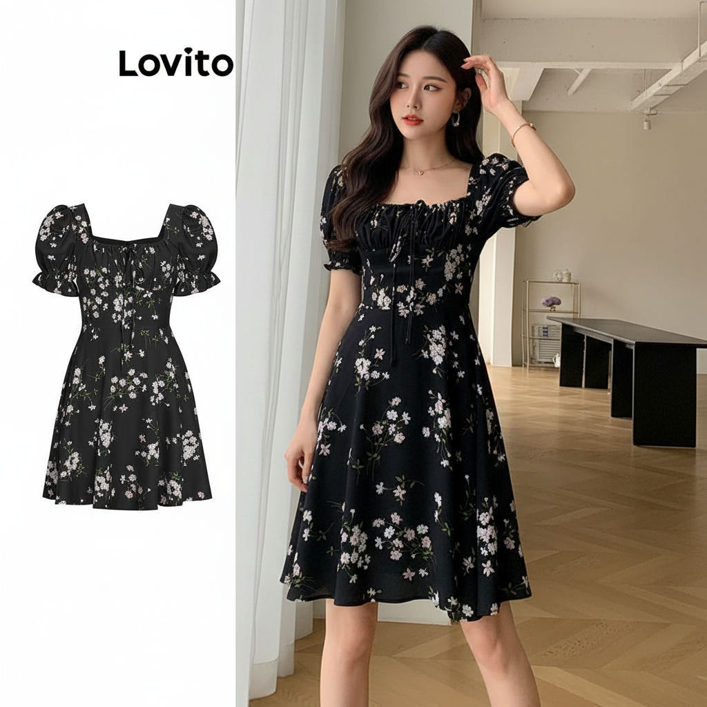 Lovito Refine Vestido Casual Floral Ditsy com Alças para Mulheres L68ED190 (Preto) em Oferta na Shopee