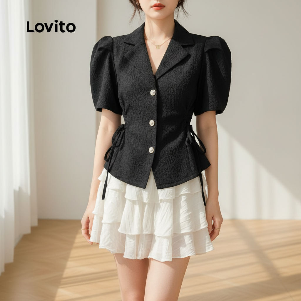 Lovito Blusa Sofisticada de Renda com Botão e Amarração para Mulheres Preto L142LD188