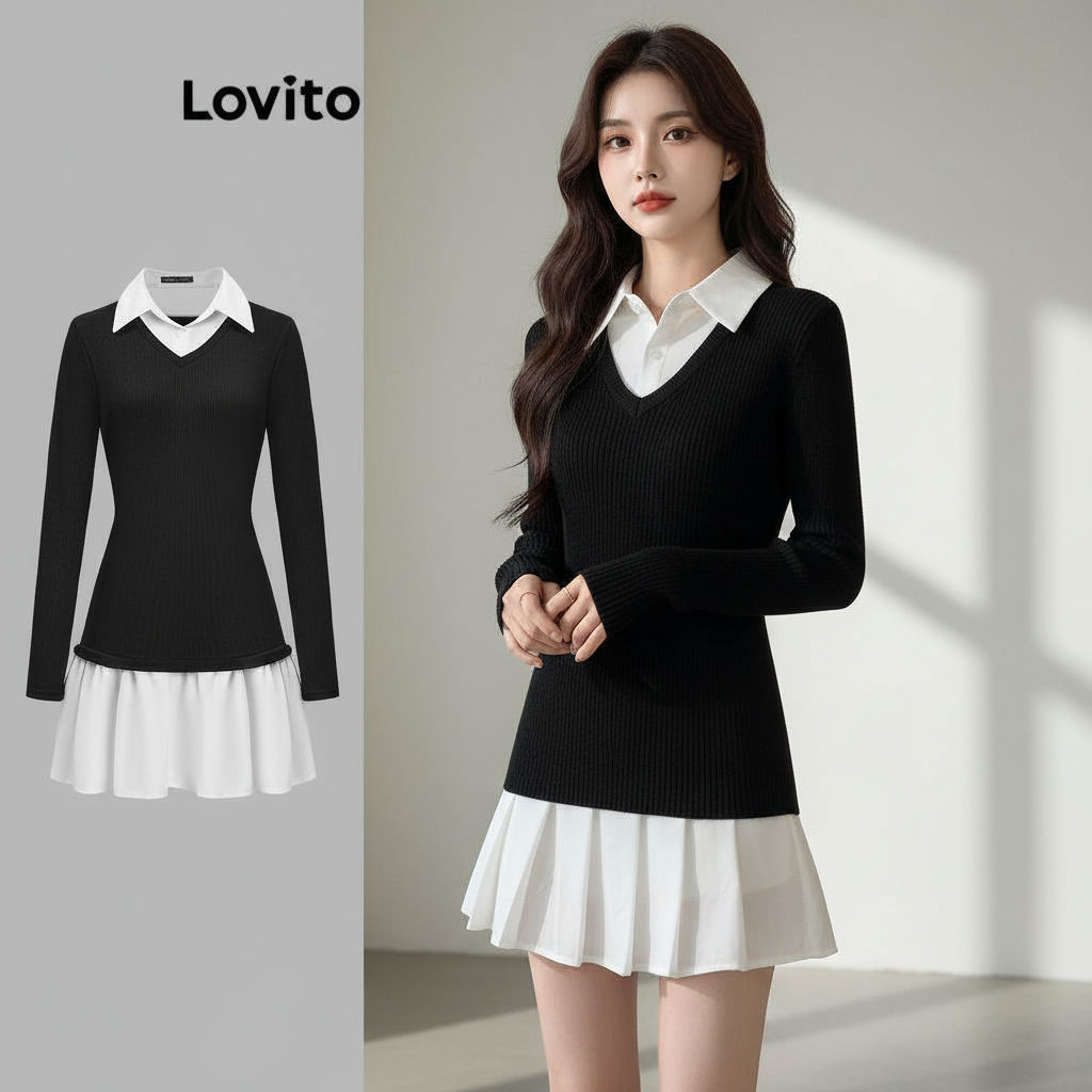 Lovito Vestido Casual Com Costura Em Tecido Liso Para Mulheres L110AD1466 em Oferta na Shopee