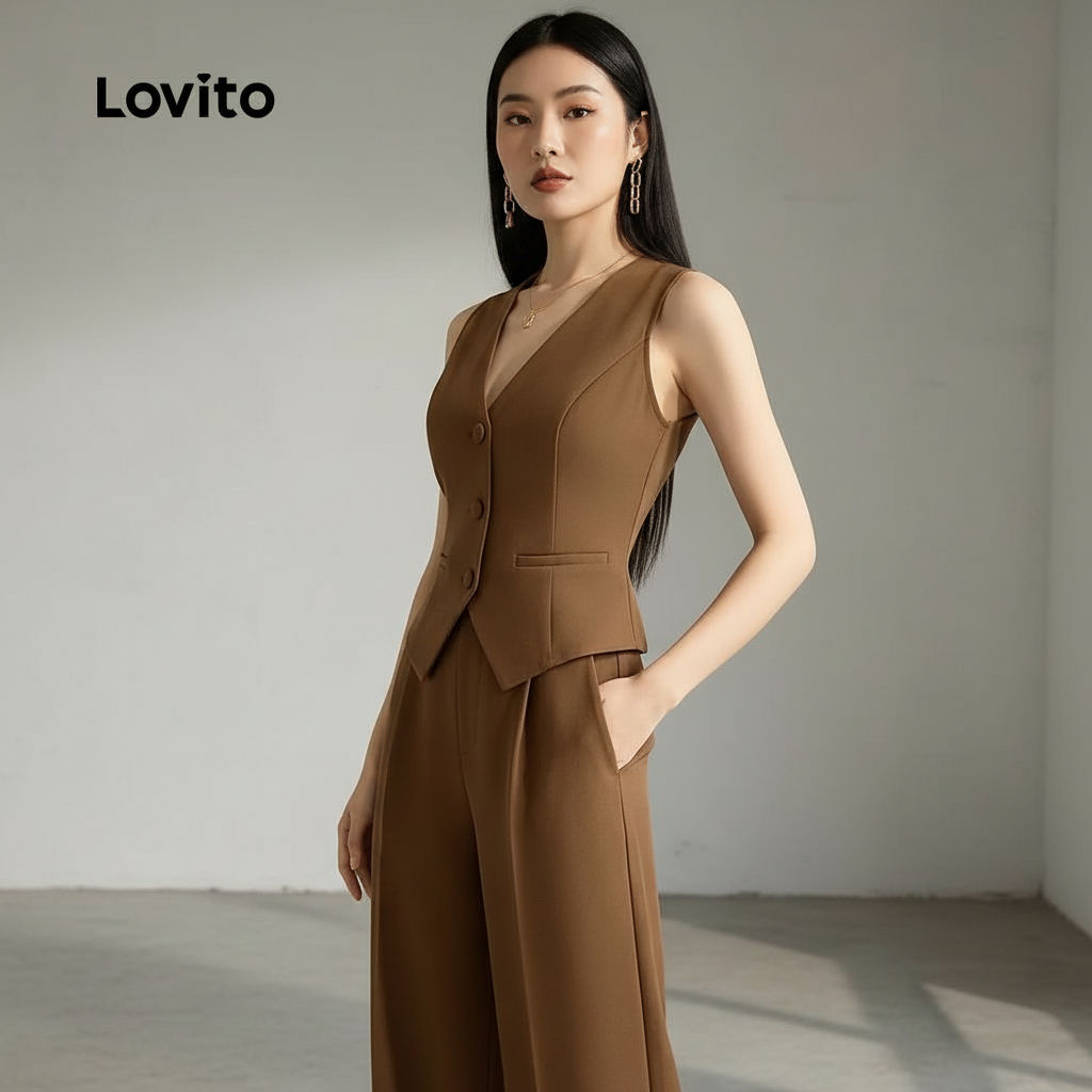 Lovito Blusas ou Calças Sofisticadas com Textura para Mulheres Conjunto Marrom primavera/verão L166AD051 em Oferta na Shopee