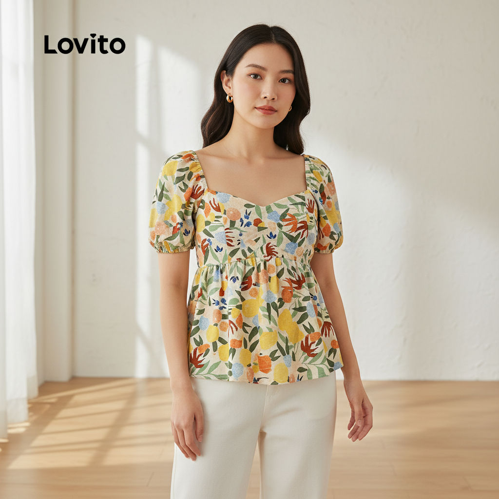 Lovito Boho Blusa Feminina Floral Babado Barra Smocked L123ED124