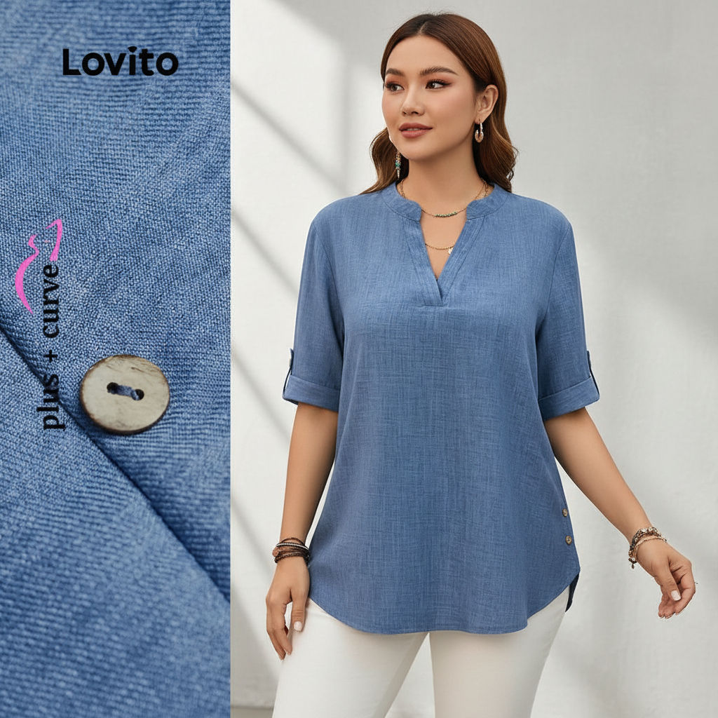 Lovito Blusa Plus Size Feminina Básica Com Botões Lisa Casual LBL18309 em Oferta na Shopee