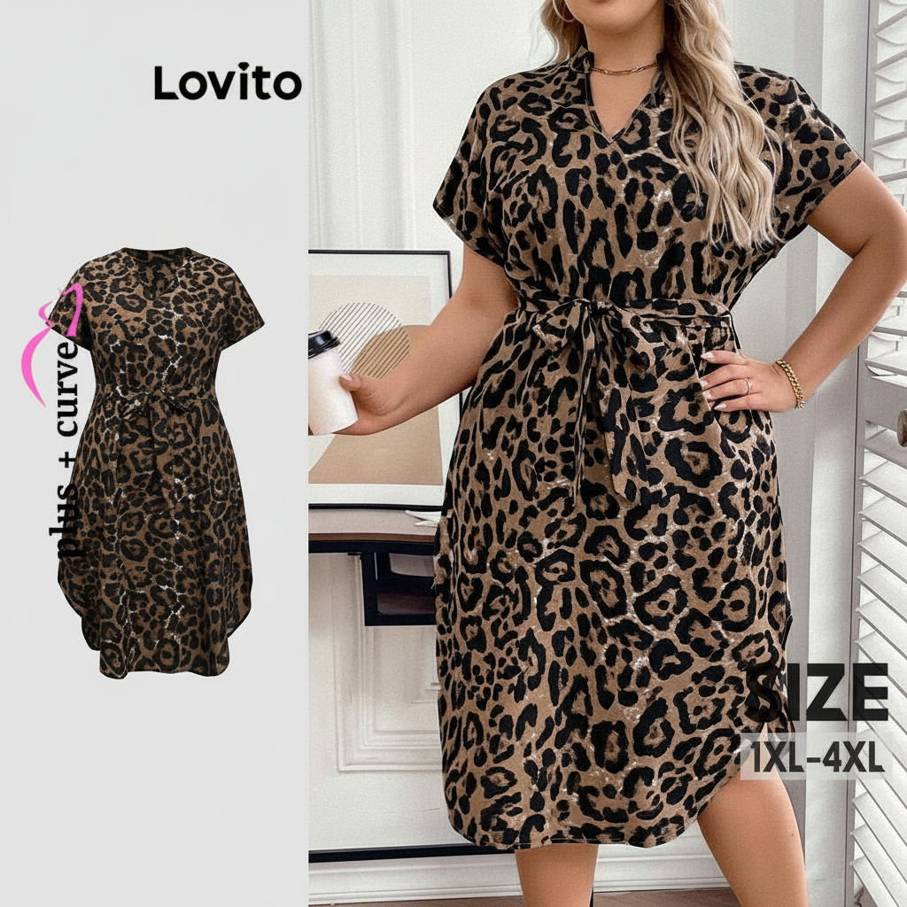 Lovito Vestido Curva Plus Size Casual Estampa Leopardo Com Cinto Verão Primavera LBL18615