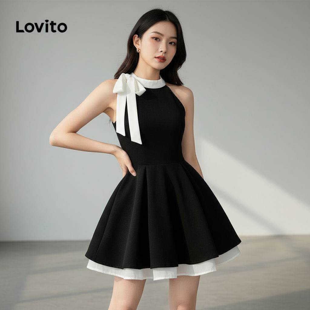 Lovito Vestido Casual Liso Colorblock com Amarração para Mulheres LNM68402