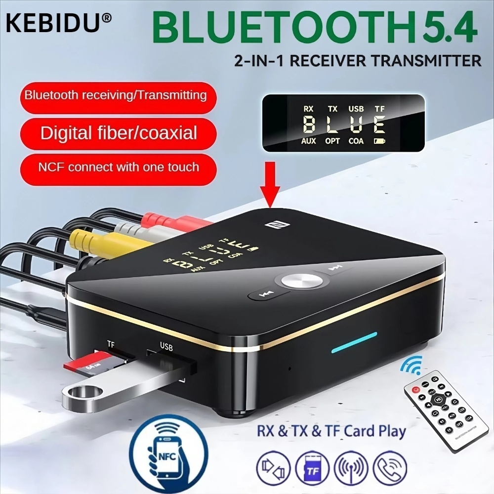 Bluetooth 5.4 Receptor Transmissor NFC Estéreo AUX 3.5mm Jack RCA Adaptador De Áudio Óptico Sem Fio Controle Remoto Para