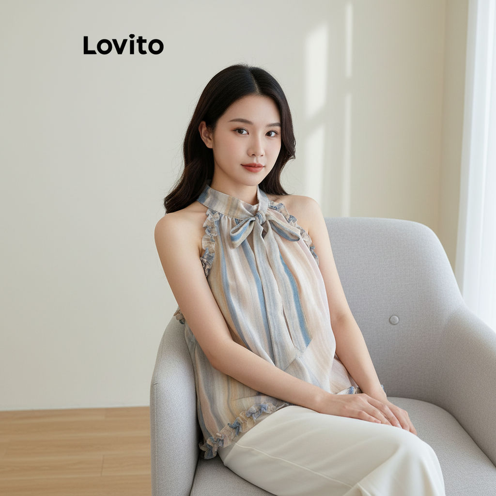 Lovito Blusa Regata Feminina Casual Listrada com Amarração e Borda de Alface LNE68252