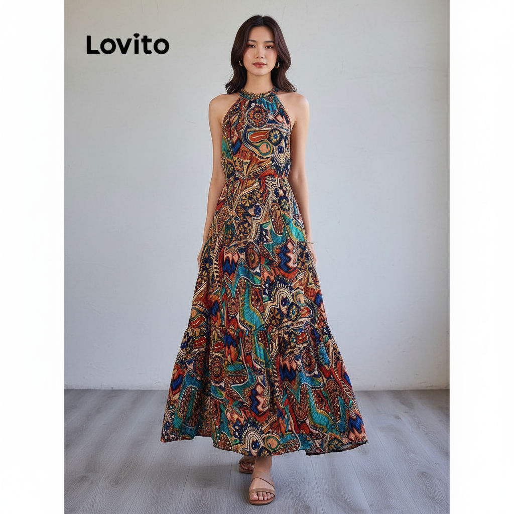 Lovito Refine Vestido Feminino Boho Estampa Tribal Com Cinto Ombro Frio LBL15435