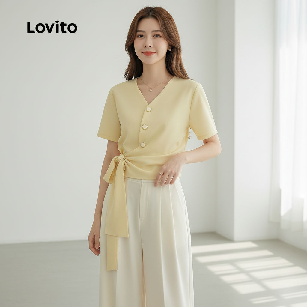 Lovito Blusa Feminina Casual Com Amarração E Botão Para Verão/Primavera L129AD1033 em Oferta na Shopee
