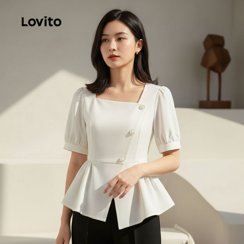 Lovito Blusa Assimétrica com Botões para Primavera/Verão Elegante Feminina Off-white L137LD210 em Oferta na Shopee