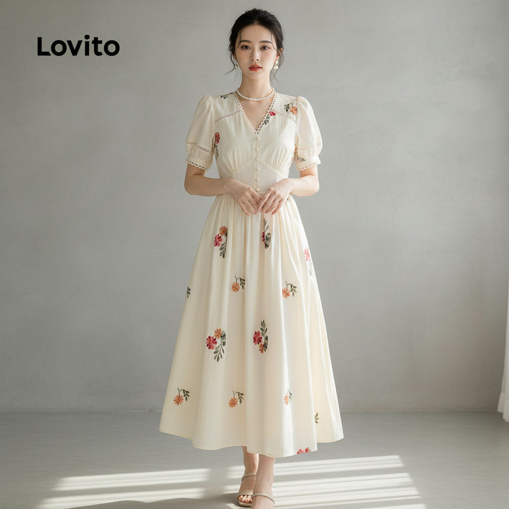 Lovito Vestido Casual Floral Com Strass E Apliques De Flores Para Mulheres LNM72002 em Oferta na Shopee