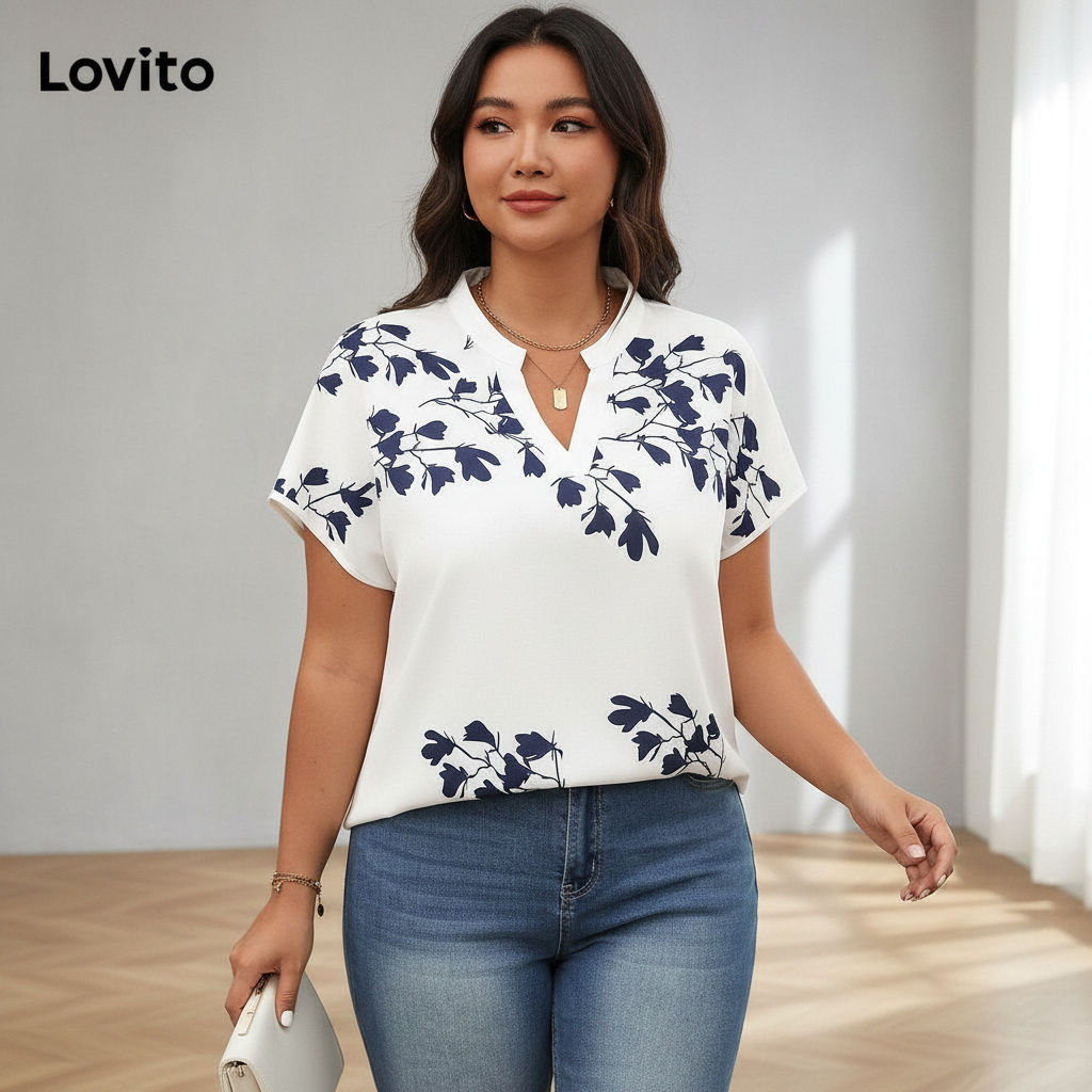 Blusa Feminina Elegante Estampa Botânica Plus Size LBL18293