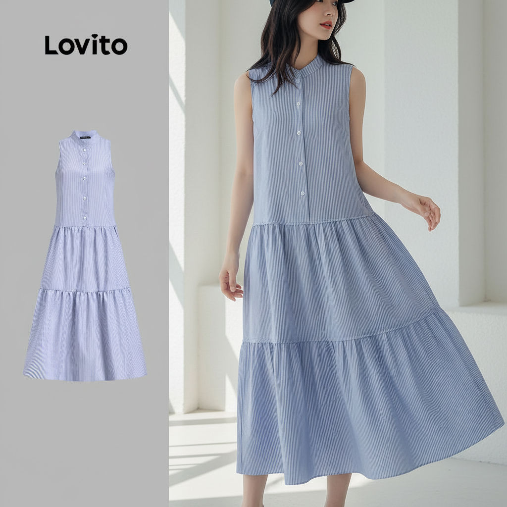 Lovito Vestido Feminino Azul Listrado Em Camadas Com Botão Primavera Verão L134LD048 em Oferta na Shopee