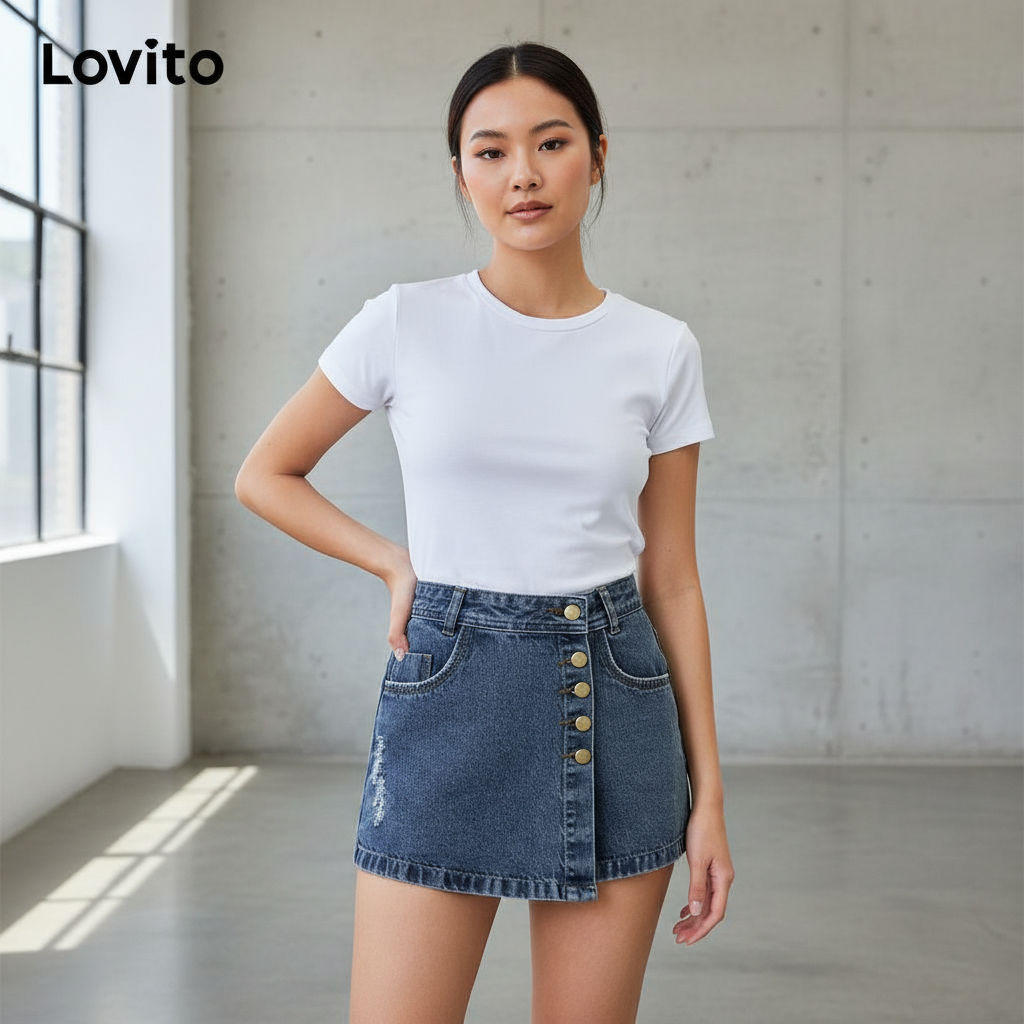 Lovito Shorts Jeans Feminino Casual Lavado Assimétrico com Spikes LBL05230 (Azul) em Oferta na Shopee