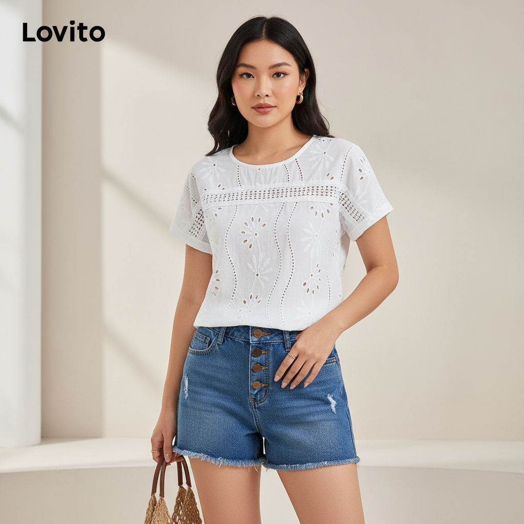 Lovito Refine Blusa Feminina Bordada Lisa com Ilhós Boho LBL17531
