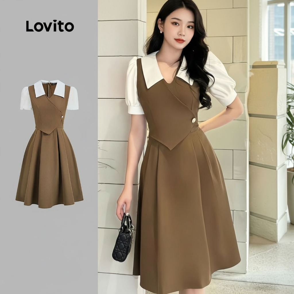Lovito Refine Vestido Sofisticado com Botões em Tons Combinados Primavera/Verão Marrom Feminino L154ED1141 em Oferta na Shopee