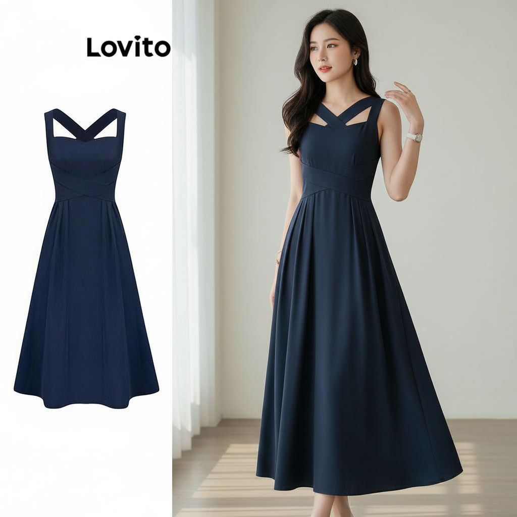 Lovito Refine Vestido Feminino Liso Plissado Com Cadarço Elegante L104ED144 em Oferta na Shopee