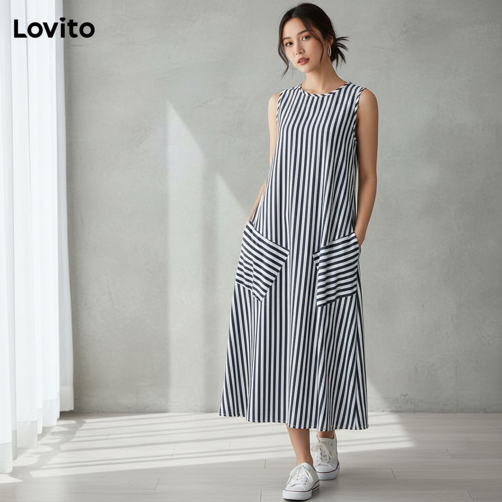 Lovito Vestido Casual Feminino com Listras e Bolsos LBL18851 em Oferta na Shopee