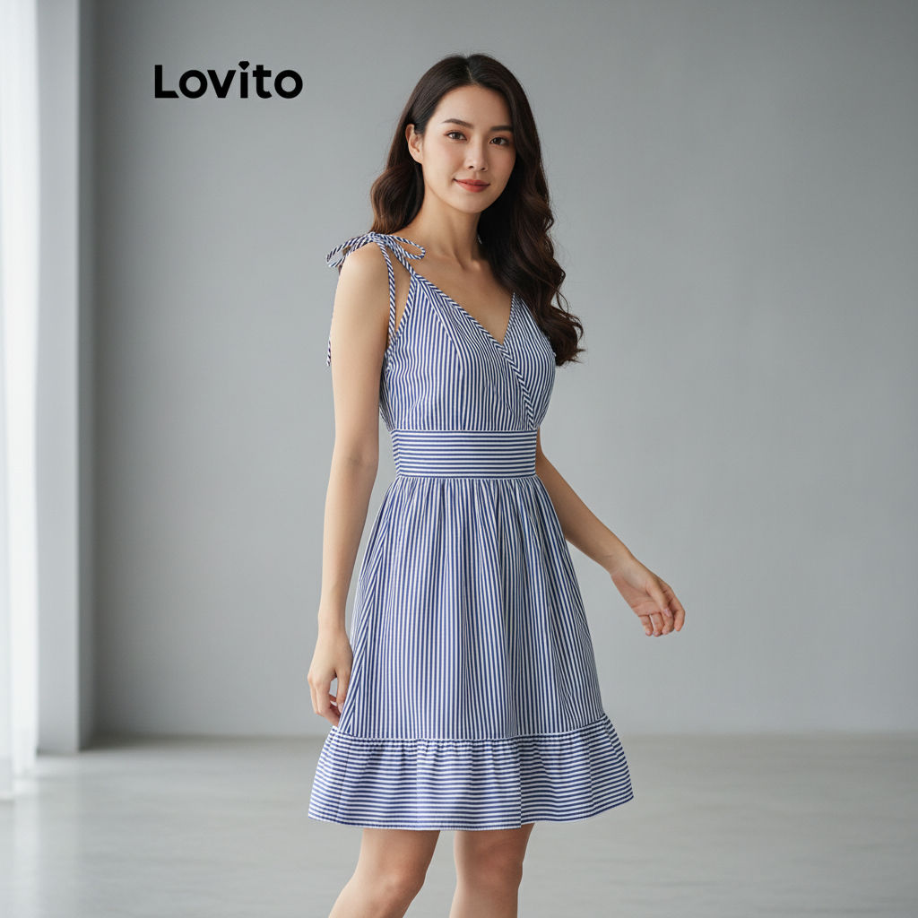 Lovito Vestido feminino casual listrado com renda e babados na barra LBL20164 em Oferta na Shopee