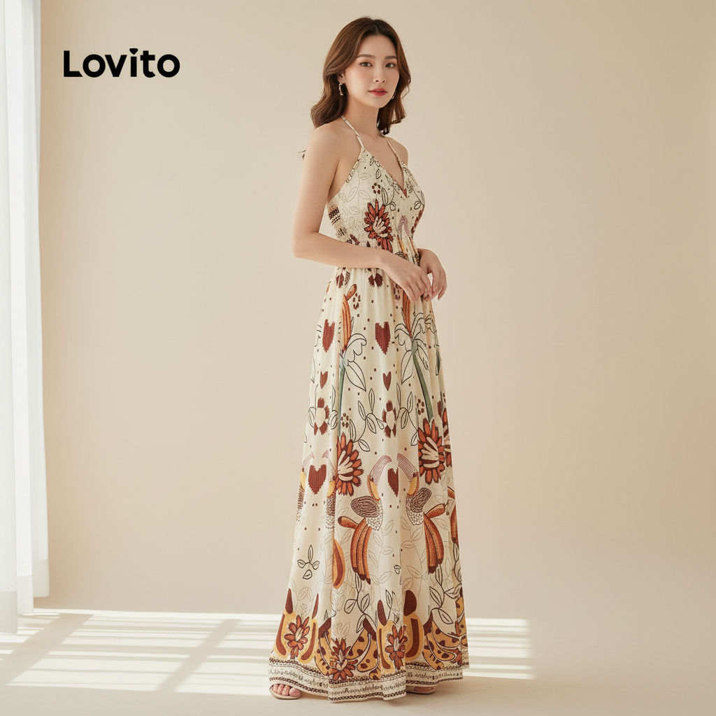 Lovito Vestido Boho com Laço para Primavera/Verão Feminino LBL29123