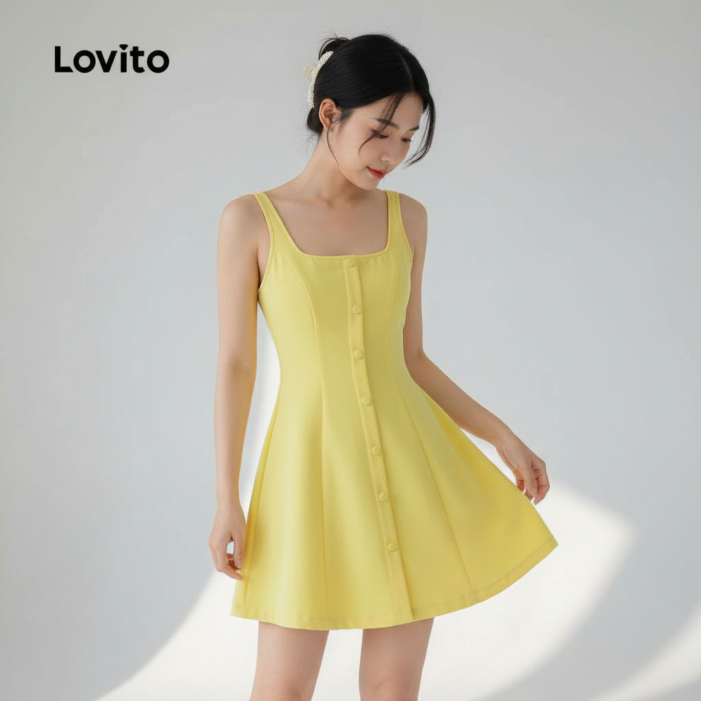 Lovito Refine Vestido Casual Feminino Liso Com Botões Para Verão Primavera L132AD1045 em Oferta na Shopee
