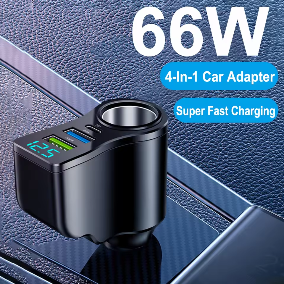  Adaptador de energia multifuncional para isqueiro de carro com 4 portas, 3.1A, carregador rápido para carro com USB