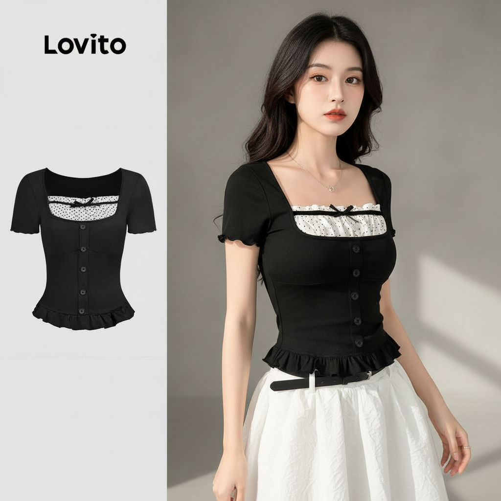 Lovito Refine Camisa Casual 2 em 1 com Laço Contrastante e Faixa de Verão Camiseta Preta L139AD016