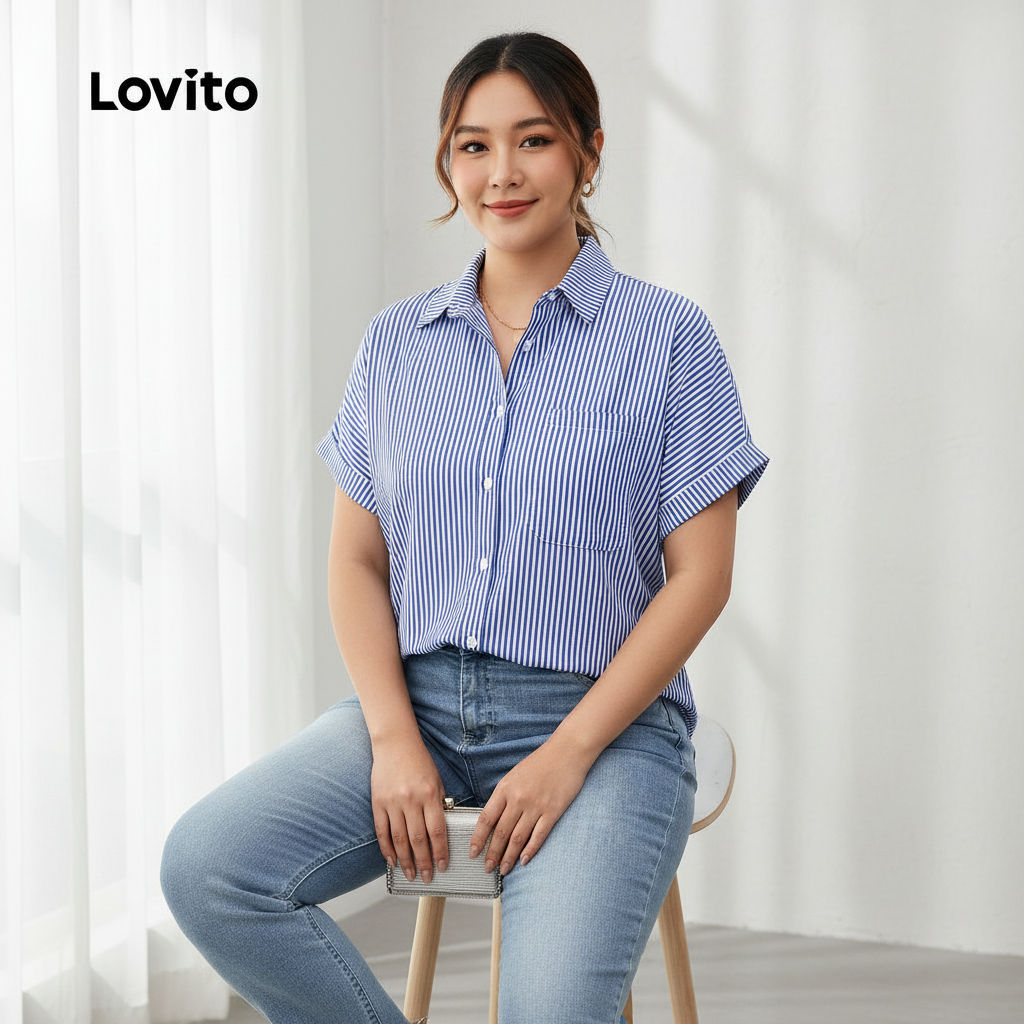 Lovito Blusa Feminina Plus Size Casual Listrada Com Botões Básica Verão/primavera LBL24587