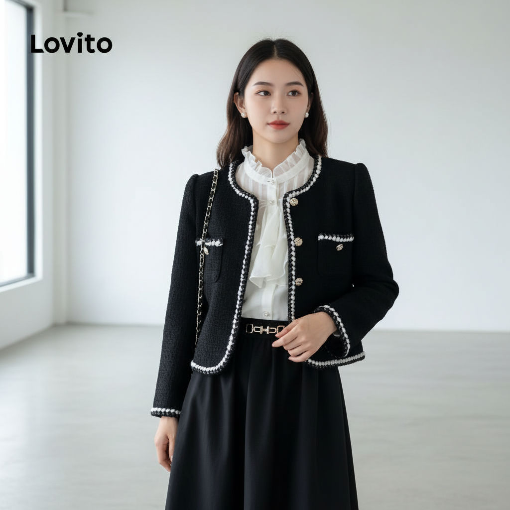 Lovito Blazer Casual Feminino Com Bolsos Lisos E Costura Contrastante LNA29012 (Preto) em Oferta na Shopee