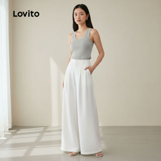 Lovito Calça Feminina Casual Plissada Lisa LNE59439 em Oferta na Shopee