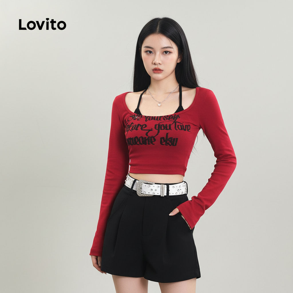 Lovito Refine Blusa Casual Feminina com Estampa de Letras Dupla Face L102AD467 em Oferta na Shopee