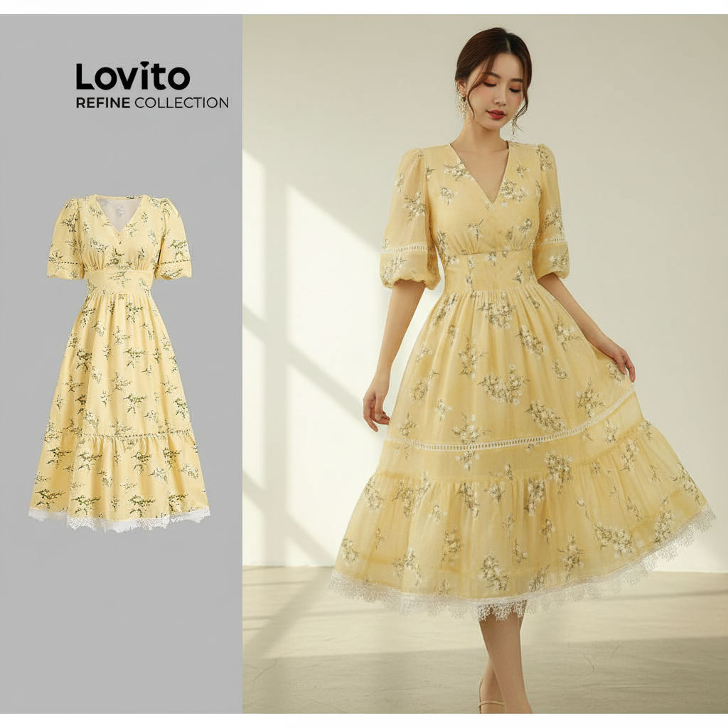 Lovito Refine Vestido Amarelo Floral Elegante com Zíper e Gola de Babados Dupla Camada para Mulheres LR13L170 em Oferta na Shopee