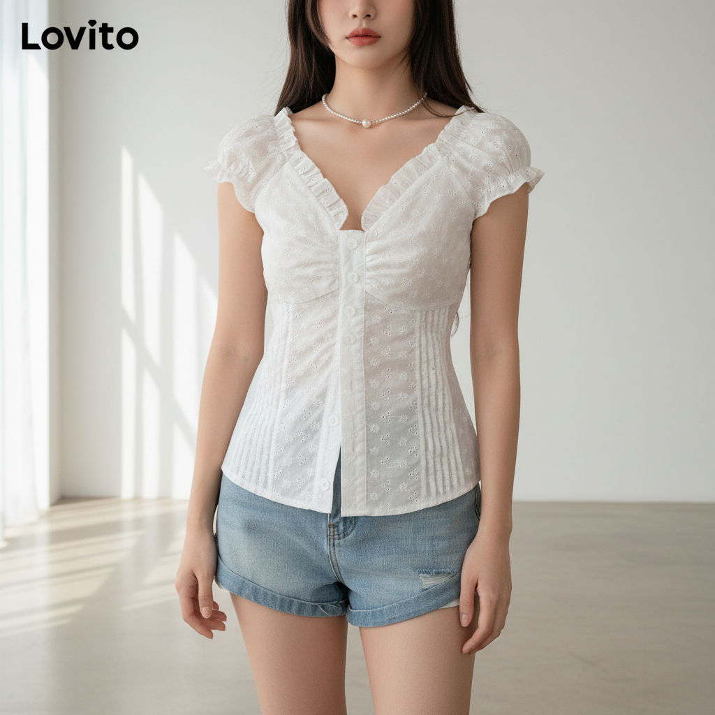 Lovito Blusa Casual Lisa com Borda de Alface e Botões Frontais Plissada para Mulheres L80ED008 em Oferta na Shopee