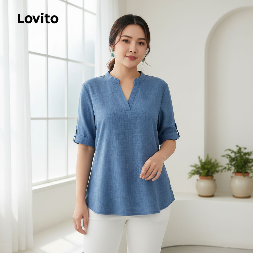 Lovito Blusa Plus Size Feminina Básica Com Botões Lisa Casual LBL18309 em Oferta na Shopee