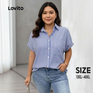Lovito Blusa Feminina Plus Size Casual Listrada Com Botões Básica Verão/primavera LBL24587 em Oferta na Shopee