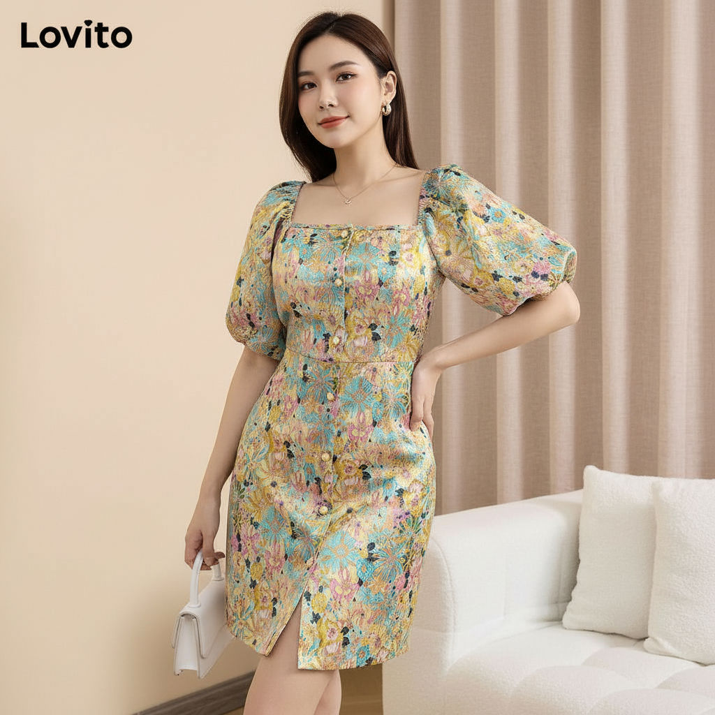 Lovito Vestido Feminino Estampado Floral Com Botões Frontais Para Verão/Primavera L109MD123 em Oferta na Shopee