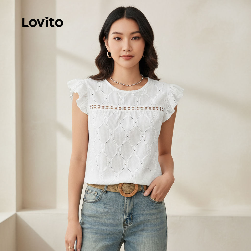 Blusa Feminina Branca Bordada Ilhó Trança Babado Casual Primavera Verão L135ED323 em Oferta na Shopee