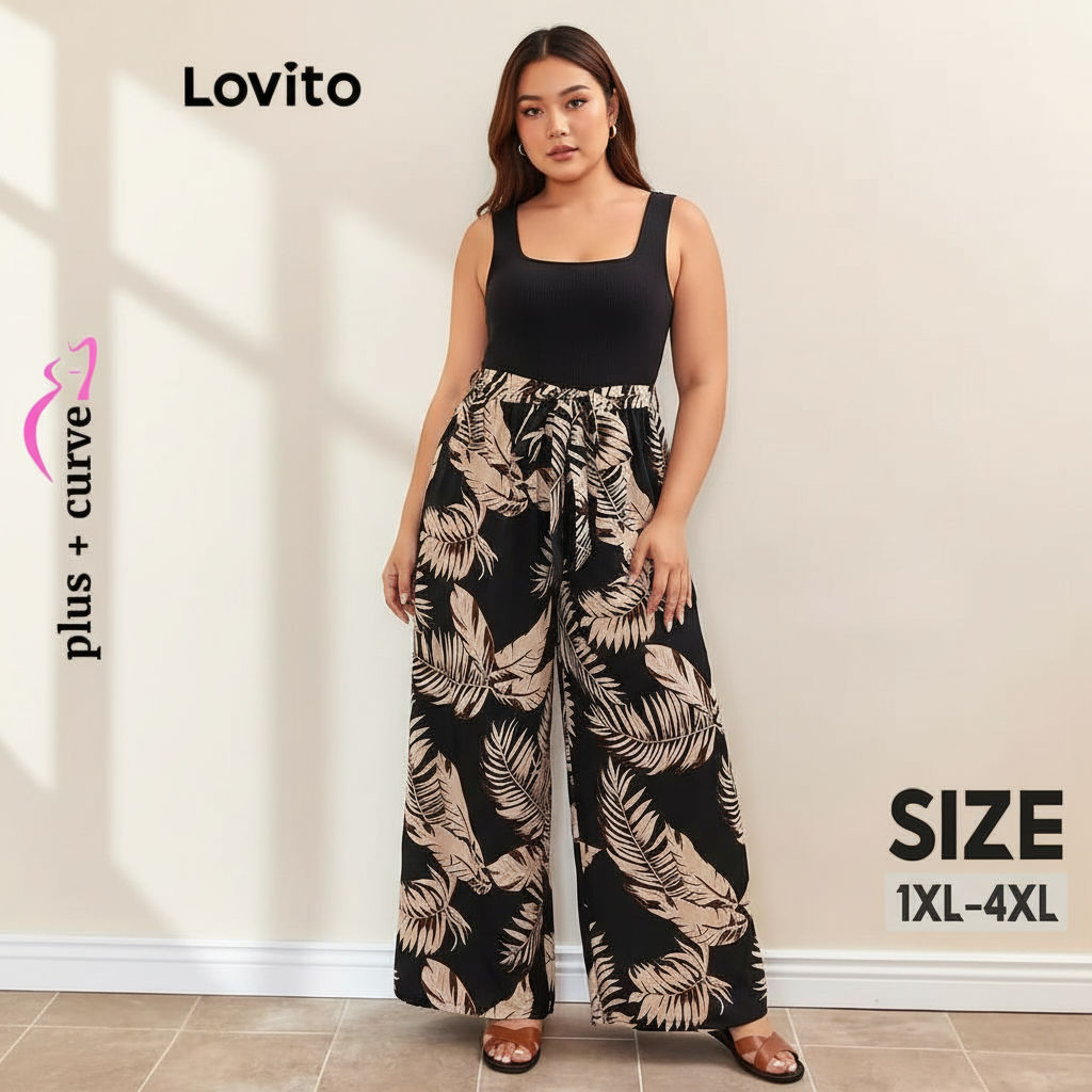 Lovito Macacão Elegante Tecido Tropical Costurado Plus Size Curve Para Mulheres LNL91059 em Oferta na Shopee
