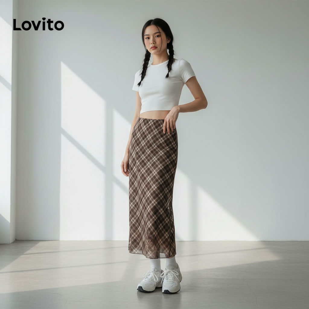 Lovito Saias Elegantes Xadrez Dupla Camada Para Mulheres L58AD073 (Multicolorido) em Oferta na Shopee