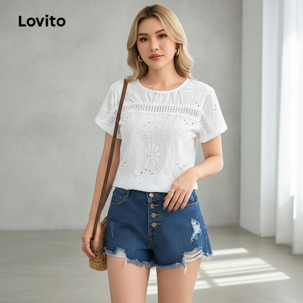 Lovito Refine Blusa Feminina Bordada Lisa com Ilhós Boho LBL17531
