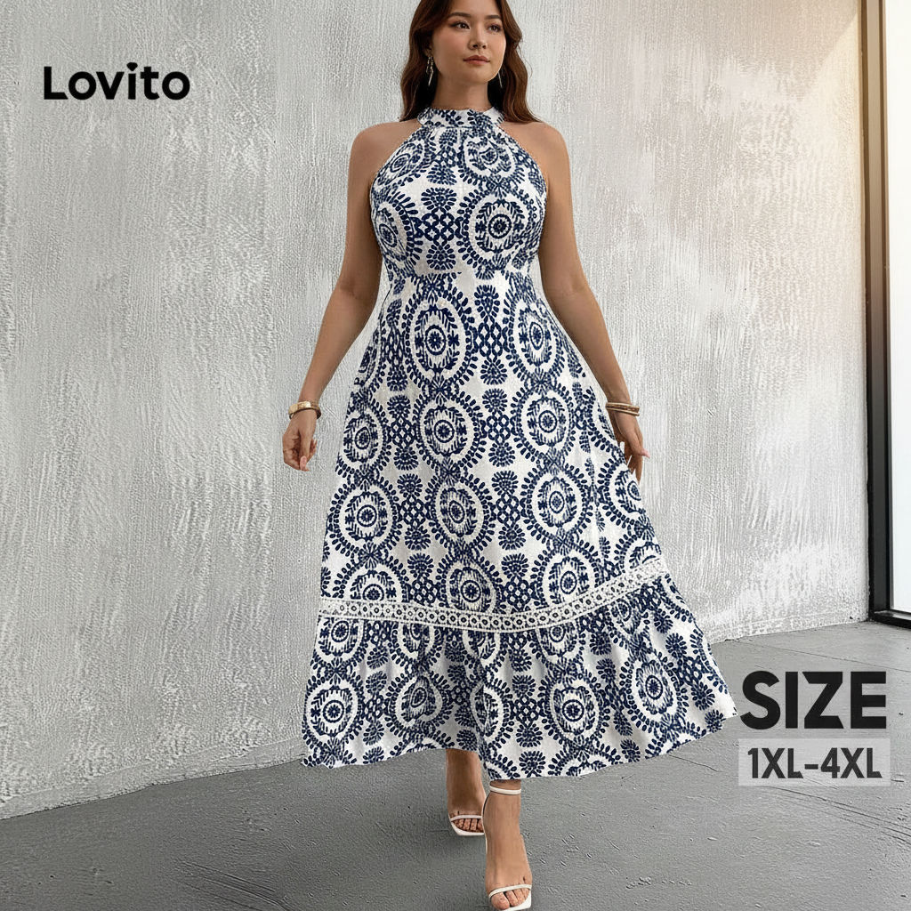 Lovito Refine Vestido Feminino Plus Size Renda Geométrica Verão Primavera LBL20490 em Oferta na Shopee