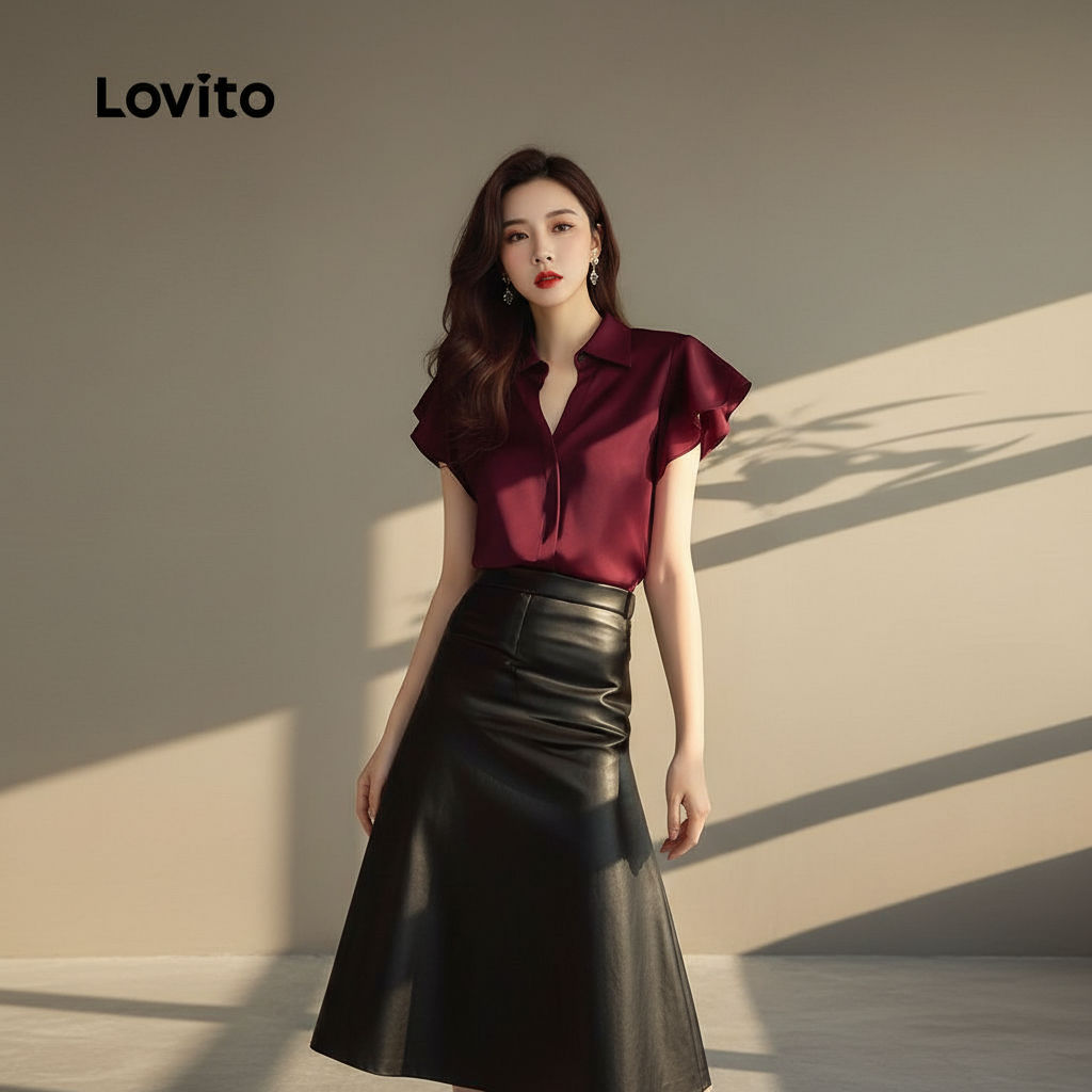 Lovito Blusa Refinada com Botões Dianteiros e Babado Perfeita para o Dia a Dia em Vinho Tinto L155ED036 em Oferta na Shopee