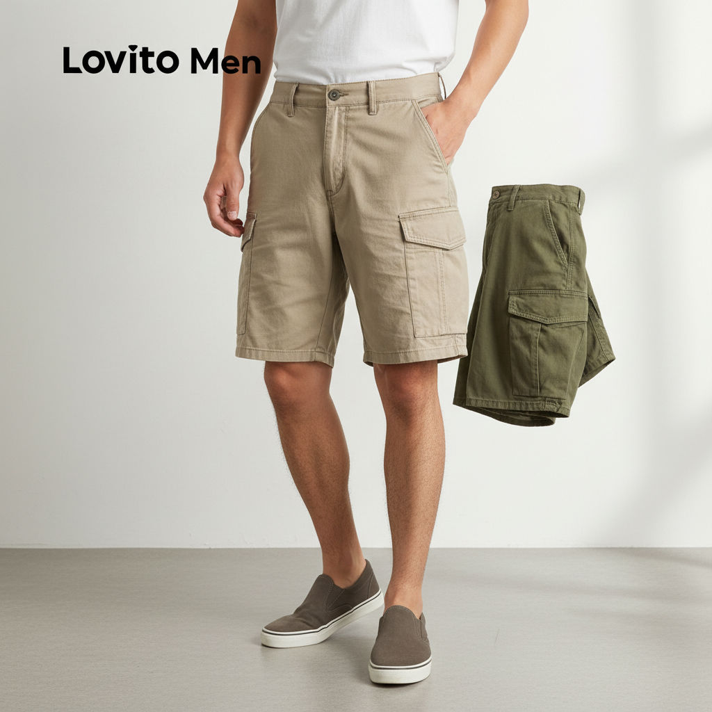 Lovito Refine Shorts Sociais com Bolsos para Homens Shorts Bege para Todas as Estações LNE110109 em Oferta na Shopee