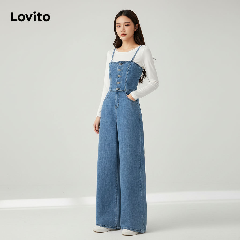 Lovito Macacão Feminino Casual com Bolso e Botão Frontal Lavado LNE22047 (Multicolorido) em Oferta na Shopee