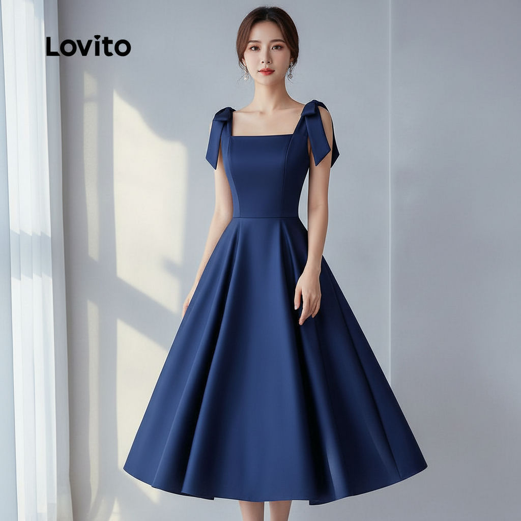 Lovito Refine Vestido Feminino Azul Marinho com Laço para Primavera/verão LBL31026 em Oferta na Shopee