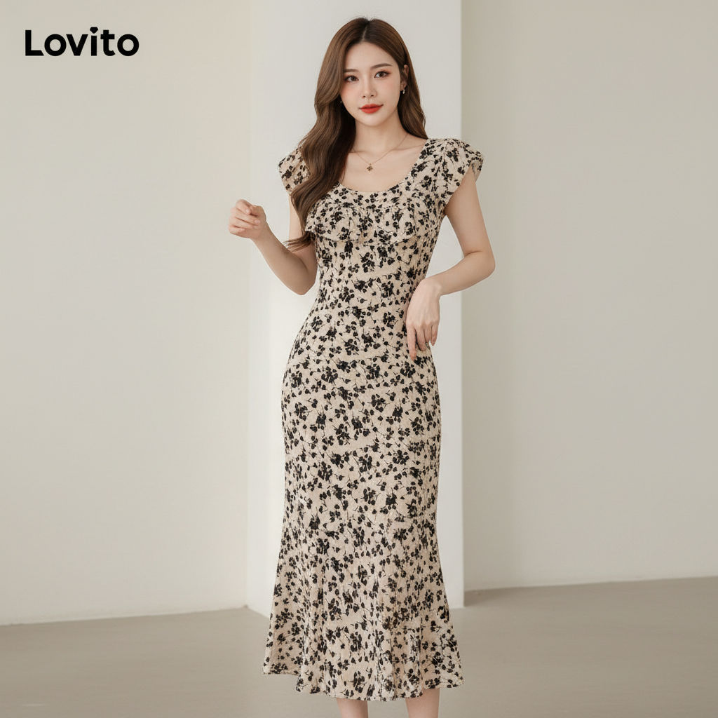 Lovito Refine Vestido Floral Delicado Babados Verão Primavera Feminino LNE43345 em Oferta na Shopee
