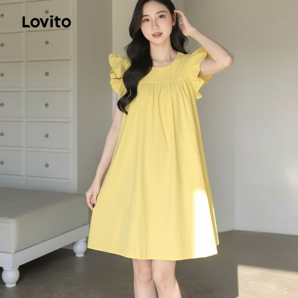 Lovito Vestido Casual com Babados e Drapeado para Mulheres em Verão e Primavera L177AD076 em Oferta na Shopee