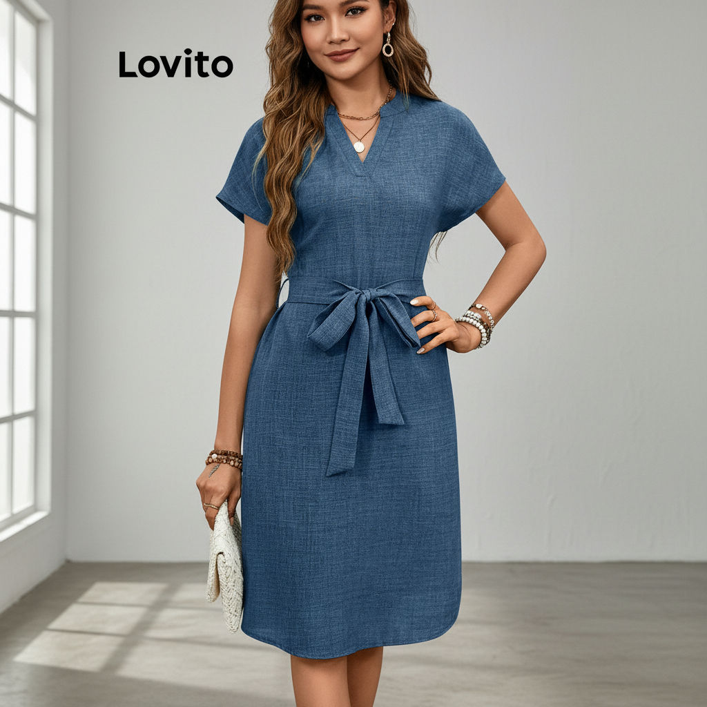 Lovito Vestido Casual Liso com Faixa e Amarração Para Mulheres LBL16703 em Oferta na Shopee